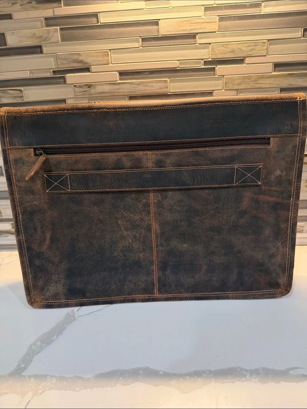 Vintage-Style Brown Leather Men's Briefcase with Front Pockets